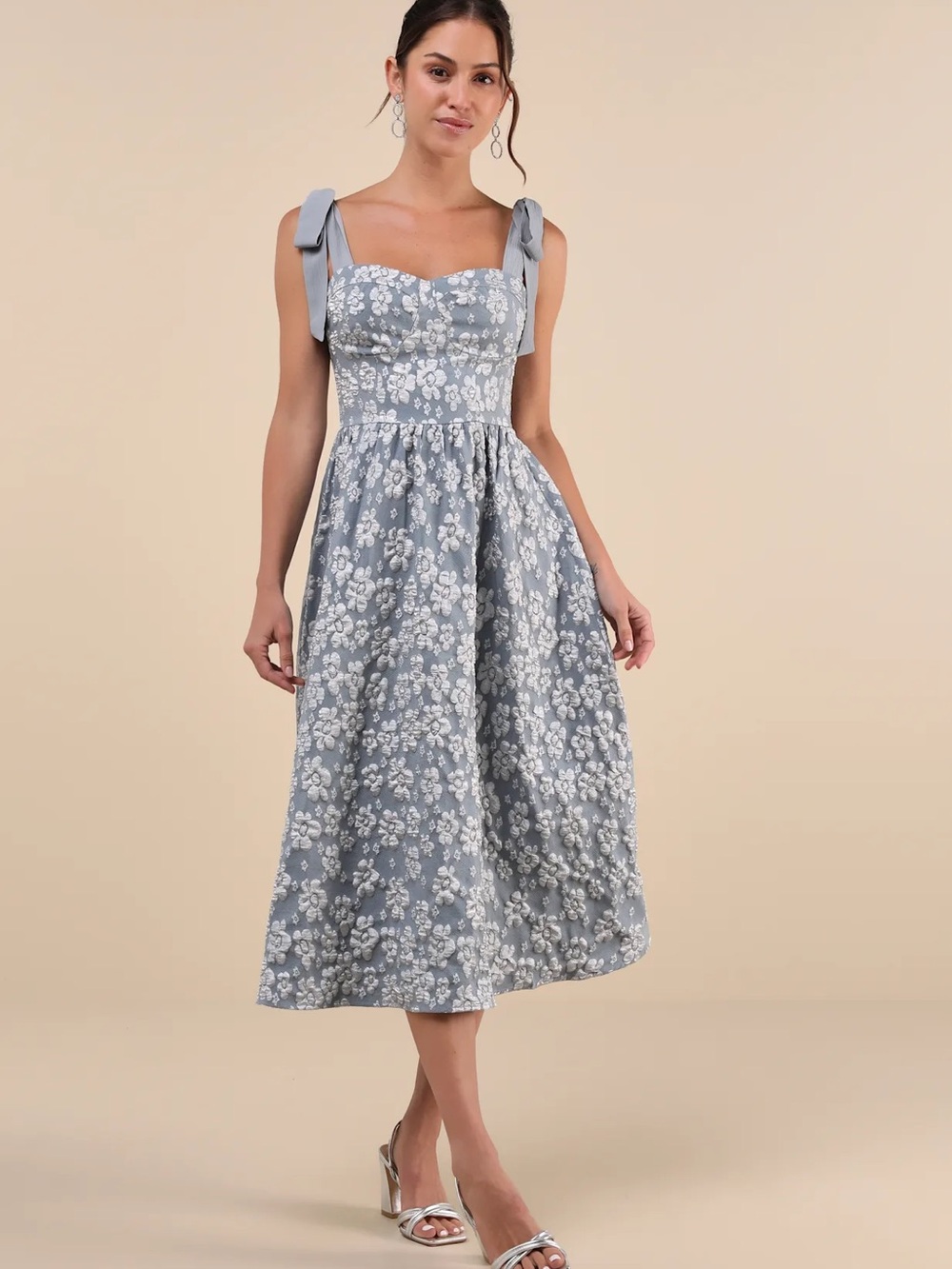 Lulus NWT Bubbly Bliss Slate Blue Jacquard Bustier Tie-Strap Midi Dress Size XS